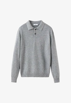 Szary wełniany sweter z klasycznym kołnierzem, dwoma guzikami na listwie oraz długimi rękawami; fakturowane dzianie i prążkowany detal na dole.