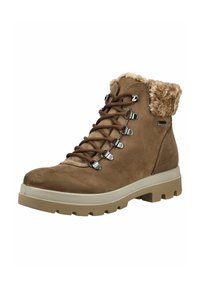 Bruine wandelschoenen met een gestructureerde suède afwerking, faux bont kraag, metalen veterogen en een dikke, lichtbeige rubberen zool.