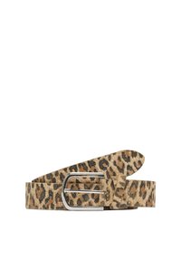 Leopardprint ceintuur van zacht suede met een zilveren rechthoekige gesp. Heeft een gestructureerd oppervlak en taps toelopende uiteinden.