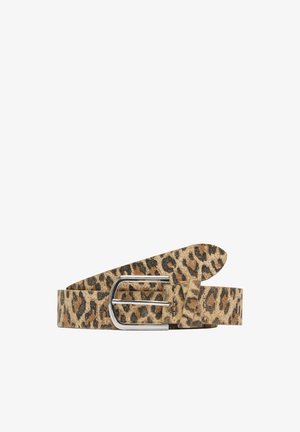 Leopard print belt made of soft suede with a silver rectangular buckle. Features a textured surface and tapered ends.