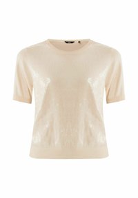 Pull en beige à manches courtes avec une texture lisse et des détails en sequins à l'avant. Il dispose d'un col rond et d'un ourlet côtelé.