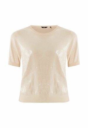 Pull en beige à manches courtes avec une texture lisse et des détails en sequins à l'avant. Il dispose d'un col rond et d'un ourlet côtelé.