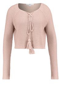 Pull court en maille rose clair avec manches longues, col en V, fermeture à cordon de serrage et pompons décoratifs à l'ourlet. Tissu texturé.