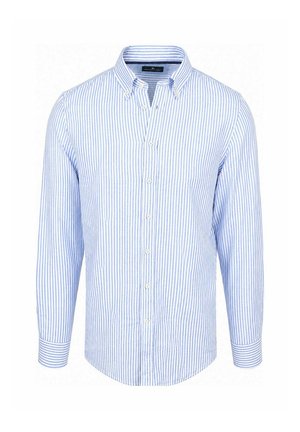 Lichtblauw-wit verticaal gestreept overhemd met lange mouwen, knopen en een button-down kraag met witte knopen aan de voorkant.