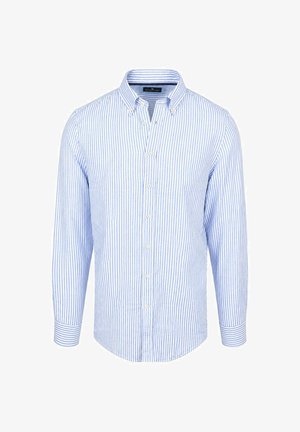 Hellblau-weiß vertikal gestreiftes langärmeliges Hemd mit Knopfleiste, Button-down-Kragen und weißen Knöpfen vorne.