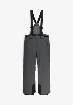 Graue Schneehosen mit verstellbaren schwarzen Trägern, Reißverschlusstaschen und verstärkten schwarzen unteren Bündchen. Hergestellt aus strapazierfähigem, wasserfestem Material.