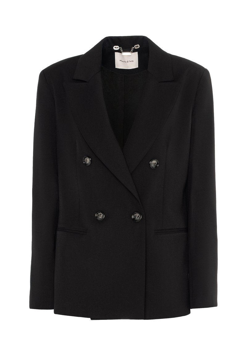 Blazer nero doppiopetto con vestibilità su misura, revers a punta e due tasche frontali. Presenta bottoni neri lucidi e una texture liscia.