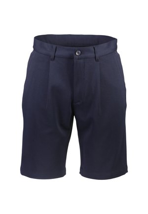 Tummansinisiä pleat-housuja, jotka on valmistettu kevyestä kankaasta, ja joissa on nappikiinnitys ja taskut. Suora lahjetyyli.