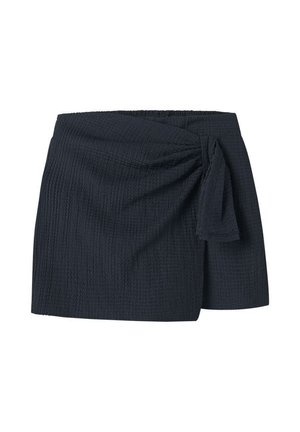 Jupe portefeuille noire texturée avec détail nœud latéral et taille élastique, longueur courte et ourlet droit.