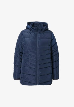 Chaqueta de plumas azul marino con capucha, con costuras horizontales, cremallera frontal y puños elásticos para mayor calidez.