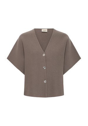 Brown knit cardigan with a V-neck, short sleeves, and four prominent buttons at the front, featuring a textured fabric.