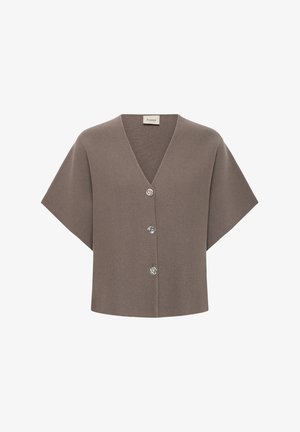 Brown knit cardigan with a V-neck, short sleeves, and four prominent buttons at the front, featuring a textured fabric.