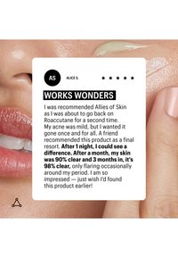 Close-up of a person applying clear skincare product near cheek alongside a five-star review praising acne-clearing results after months of use.