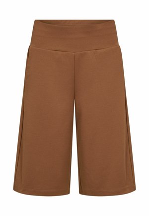 Brūnas, platas bikses līdz ceļiem ar augstu jostasvietu un gludu audumu, attēlotas uz vienkārša balta fona.