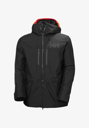 Black hooded jacket with a smooth, matte finish. Features zippered pockets, adjustable hood, and contrasting orange lining. Logo on chest.