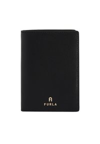 Portofel din piele neagră cu un finisaj texturat, având un logo auriu "FURLA" în partea de jos. Formă rectangulară compactă, design simplu.