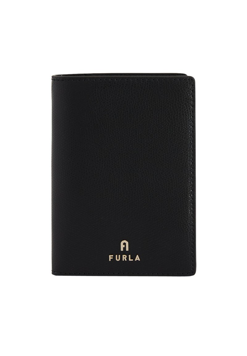 Portofel din piele neagră cu un finisaj texturat, având un logo auriu "FURLA" în partea de jos. Formă rectangulară compactă, design simplu.