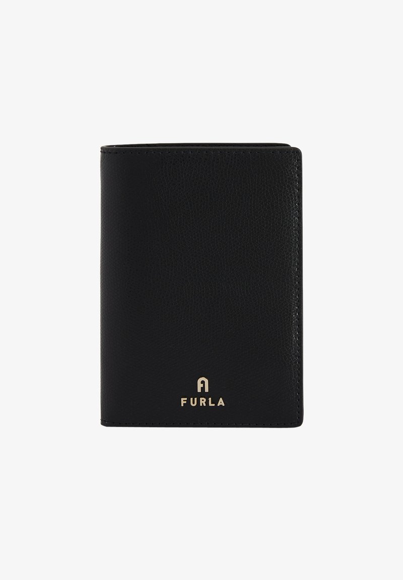 Must mustra nahkrahakott tekstuurse pinnaga, millel on all kuldne "FURLA" logo. Kompaktne ristkülikukujuline kuju, lihtne disain.