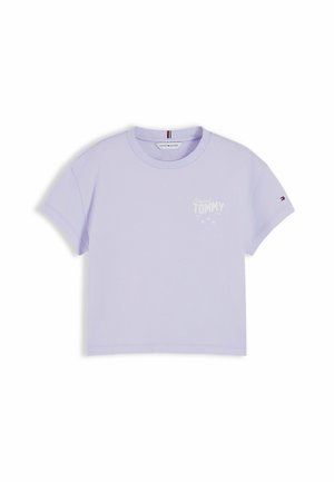 Lichtpaarse cropped korte mouw t-shirt met klein wit "Tommy" logo op de borst en klein vlaglogo op de linker mouw.