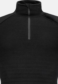 Black pullover with a mock neck, featuring a half-front zipper, subtle texture, and contrasting dark accents on shoulders.