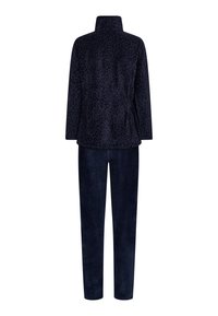 Navy fleece loungewear sæt bestående af en lang, højhalset top med leopardmønster og matchende ensfarvede bukser. Blød tekstur.