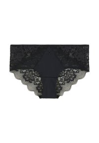 Culotte en dentelle noire pour femmes avec des motifs floraux et des bords festonnés, panneau avant sans couture et détail de petit nœud à la taille.