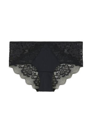 Culotte en dentelle noire pour femmes avec des motifs floraux et des bords festonnés, panneau avant sans couture et détail de petit nœud à la taille.