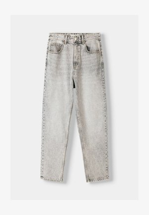 Light gray, high-waisted jeans with a loose fit, featuring five pockets and visible stitching. Distressed texture with a faded appearance.