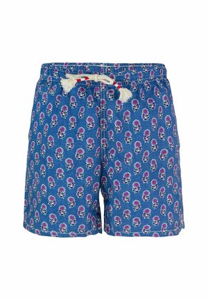Pantaloni da bagno blu con un motivo floreale in viola e verde. Presentano una vita con coulisse e nappine bianche, e un design rilassato.