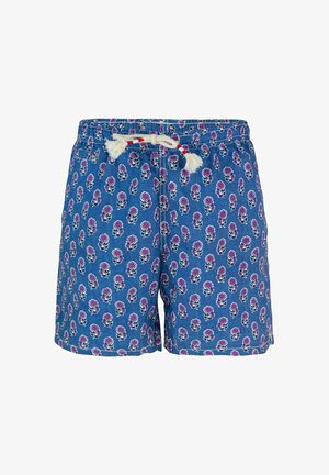 Pantaloni da bagno blu con un motivo floreale in viola e verde. Presentano una vita con coulisse e nappine bianche, e un design rilassato.