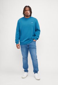 Blauwe fleece sweatshirt met een ronde hals en geribde boorden, gecombineerd met lichtblauwe jeans en witte sneakers. Eenvoudig logo op de borst.