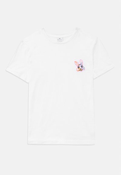 White cotton t-shirt featuring a multicolored embroidered bunny design on the left chest. Short sleeves and a round neckline.