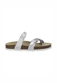Sandali argento con texture, dotati di due cinturini regolabili, fondo in sughero e suola in gomma bianca. Dettagli con fibbie sui cinturini per una vestibilità sicura.