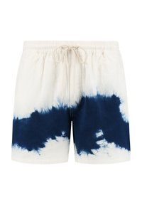 Bañador de tie-dye en blanco y azul marino con cintura elástica y cordón, que presenta un tejido texturizado y un corte relajado.