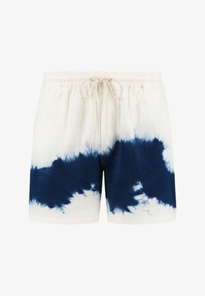 Valkoiset ja tummansiniset sidontakuosiset uimapuvut, joissa on joustava vyötärö ja nauha, ominaisuutena teksturoitu kangas ja rento istuvuus.