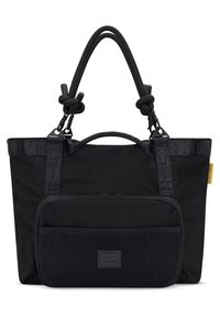 Black fabric tote bag with dual handles, featuring a mesh zippered pocket on the front and branded detailing on the strap.