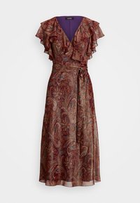 Bunt gemustertes Paisleykleid mit schwingenden Ärmeln, tiefem V-Ausschnitt und einem Bindegürtel in der Taille. Hergestellt aus leichtem, fließendem Stoff.