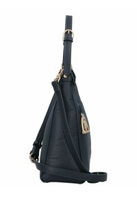 Borsa a mano in pelle blu navy con finitura texturizzata, caratterizzata da dettagli in metallo color oro e tracolla regolabile, vista di profilo.