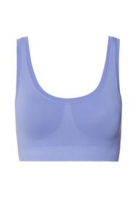 Helllila Sport-BH aus glattem Stoff mit weitem Ausschnitt und dicken Trägern. Das Design ist nahtlos mit einer gerippten Textur am Saum.