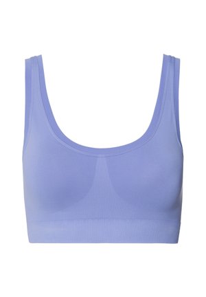 Lys lilla sportsbh lavet af glat stof, med en bred halsudskæring og tykke stropper. Designet er sømløst med en ribbet tekstur i bunden.