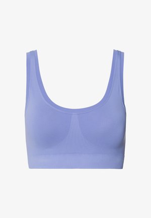 Helllila Sport-BH aus glattem Stoff mit weitem Ausschnitt und dicken Trägern. Das Design ist nahtlos mit einer gerippten Textur am Saum.