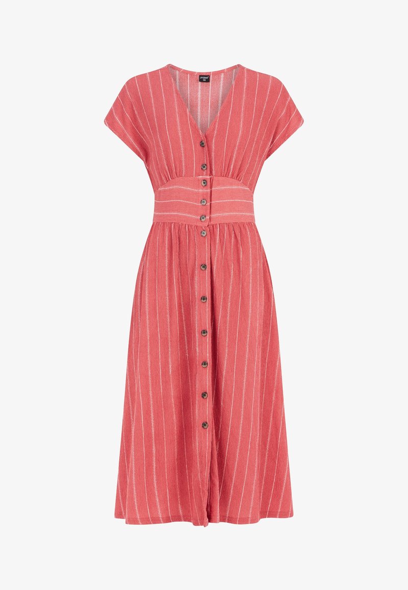 Robe midi rouge à rayures verticales blanches, col en V, manches courtes, devant boutonné, et taille cintrée.