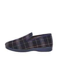 Zapato slip-on de lana con un patrón de cuadros en azul marino, negro y naranja, suela de goma baja y forro interior suave.
