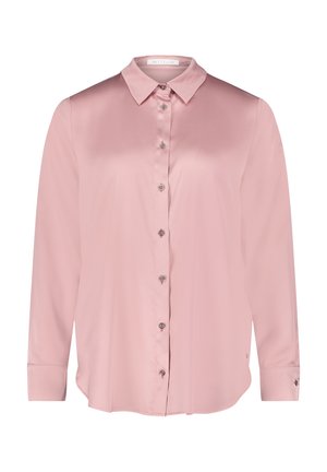 Langere mouwen roze blouse van gladde stof, met een kraag en knopen aan de voorkant, met een afgeronde zoom en manchetten.