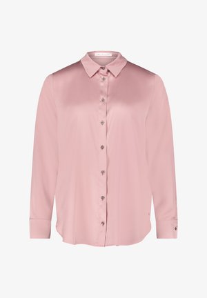 Long-sleeve pink blouse made of smooth fabric, featuring a collar and buttons down the front, with rounded hem and cuffs.