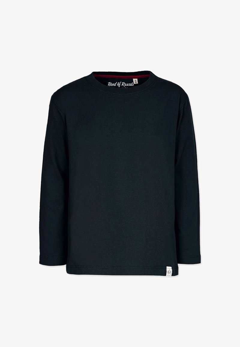 Schwarz langärmliges T-Shirt aus Baumwolle. Verfügt über einen Rundhalsausschnitt, hat ein schlichtes Design und ein kleines Markenetikett am Saum. Weiche Textur.