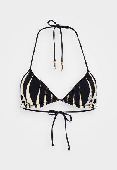 Black and white bikini top featuring a triangle shape, striped pattern, thin ties, and gold-tone hardware accents at the ends.