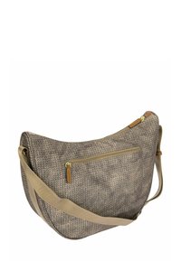 Borsa stile hobo in tessuto grigio strutturato con tracolla beige. Presenta una tasca frontale con zip e dettagli in pelle per un tocco di stile in più.