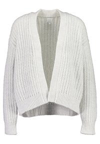 Cárdigan blanco de punto con ajuste holgado, delantero abierto y puños acanalados. Presenta un patrón texturizado y una longitud corta.