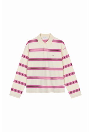 Langärmliges Poloshirt in Creme mit horizontalen rosa und dunkelvioletten Streifen. Es verfügt über einen Kragen und eine Drei-Knopf-Blende. Dezentes Logo auf der Brust.